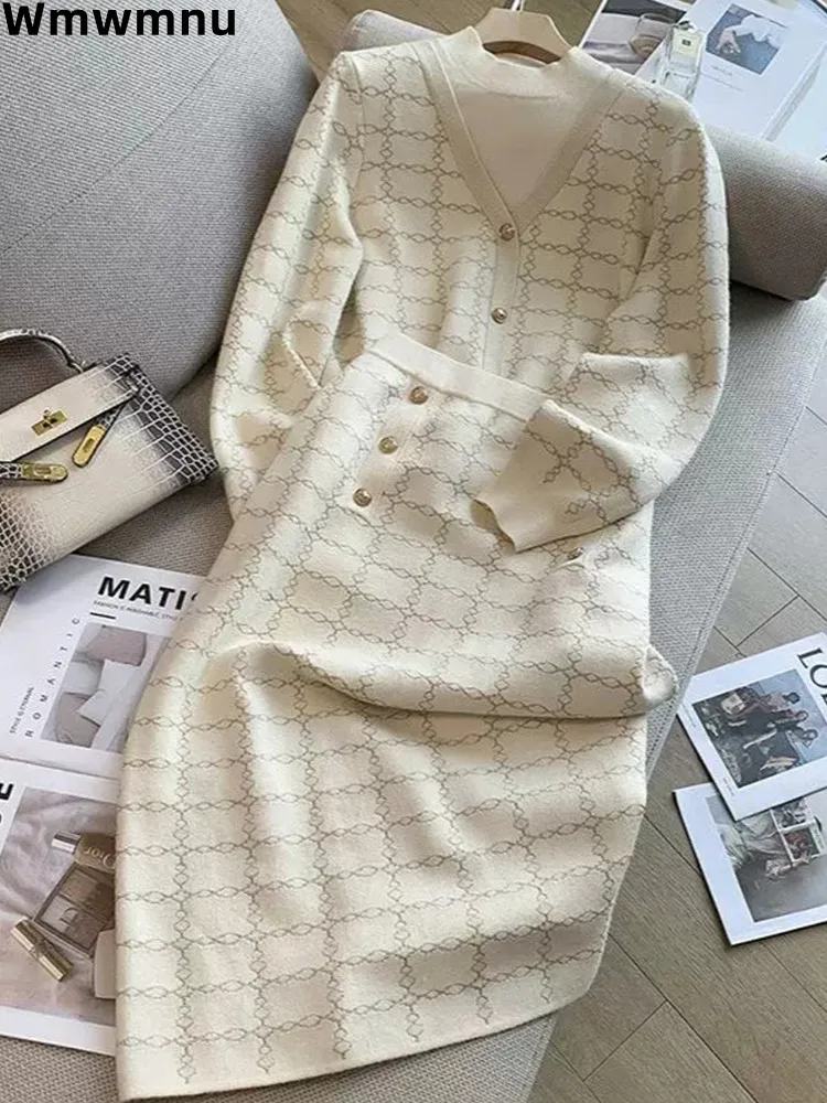 

Korea Fashion Plaid Women Knitted 2 Piece Sets New V-neck Sweater Cardigan Coats Tops Conjunto Casual High Waist Skirts Outfit