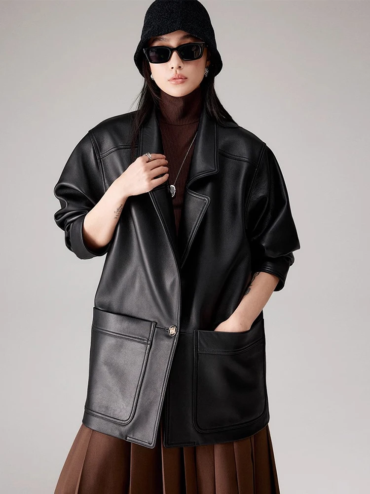 

Retro Mid-length Genuine Leather Blazer Jackets for Women Spring Autumn High-end Simple Classic Loose Black Real Sheepskin Coat