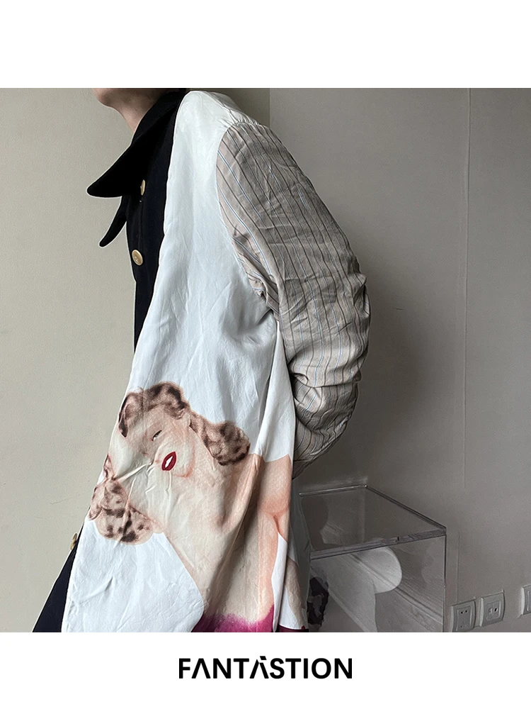 FANTASTION Original design Mermaid print Can be worn on both sides Woolen overcoat jacket wool blends oversized Casual coat tops