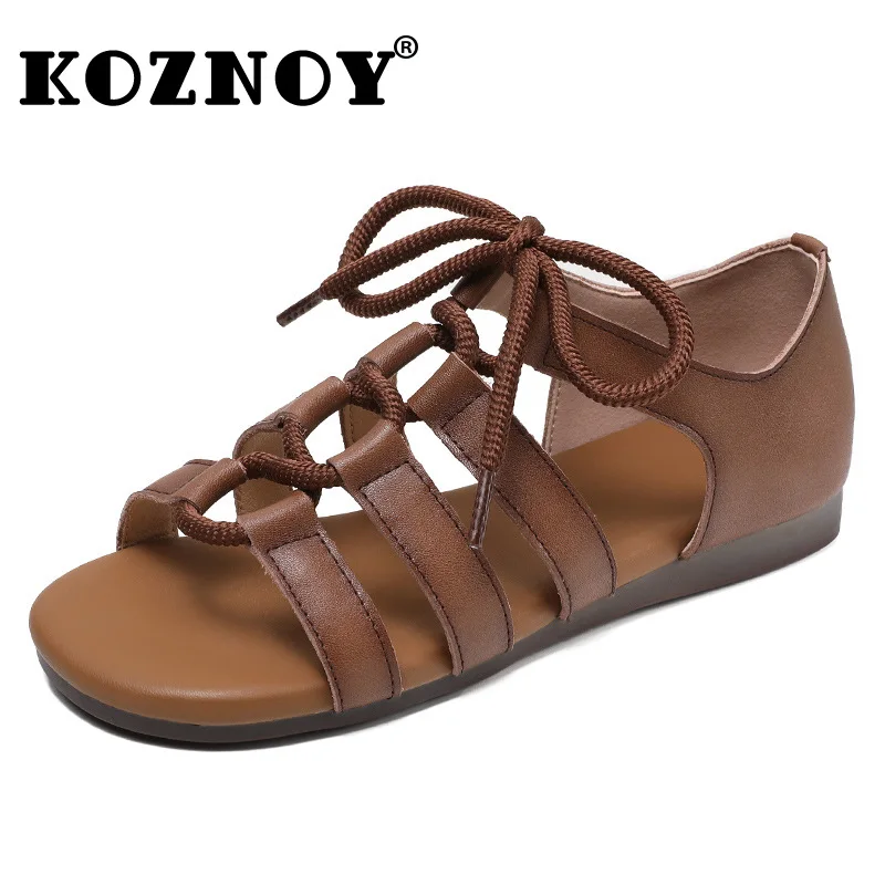 

Koznoy 2cm 2024 Natural Cow Genuine Leather Boots Sandas Summer Hollow Ankle Flats Breathable Comfy Rubber Women Peep Toe Shoes