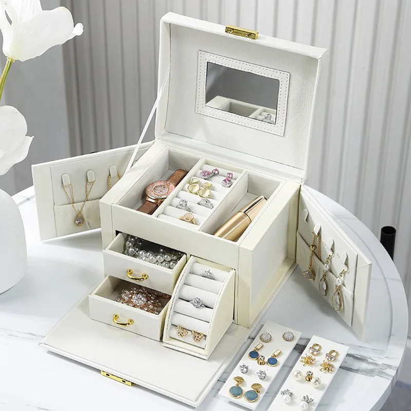 Jewelry Storage Box with Mirror, Large Capacity, Portable, Lock, Earrings, Necklace, Ring