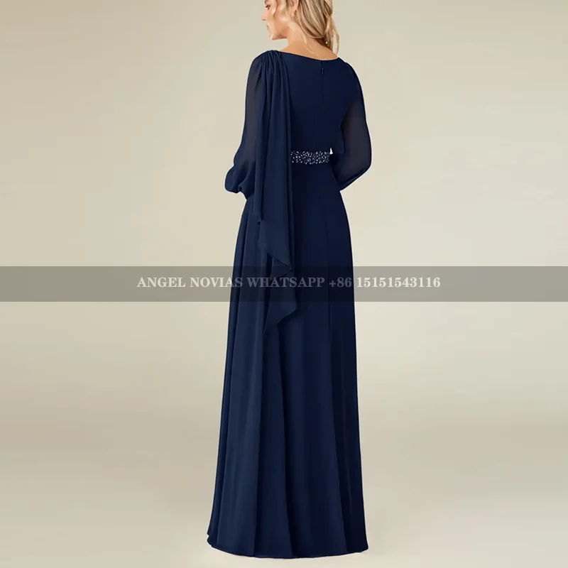 Long Sleeves Navy Blue Mother of the Bride Dresses with Beads Wedding Guest Dress vestidos de fiestas elegantes mujer