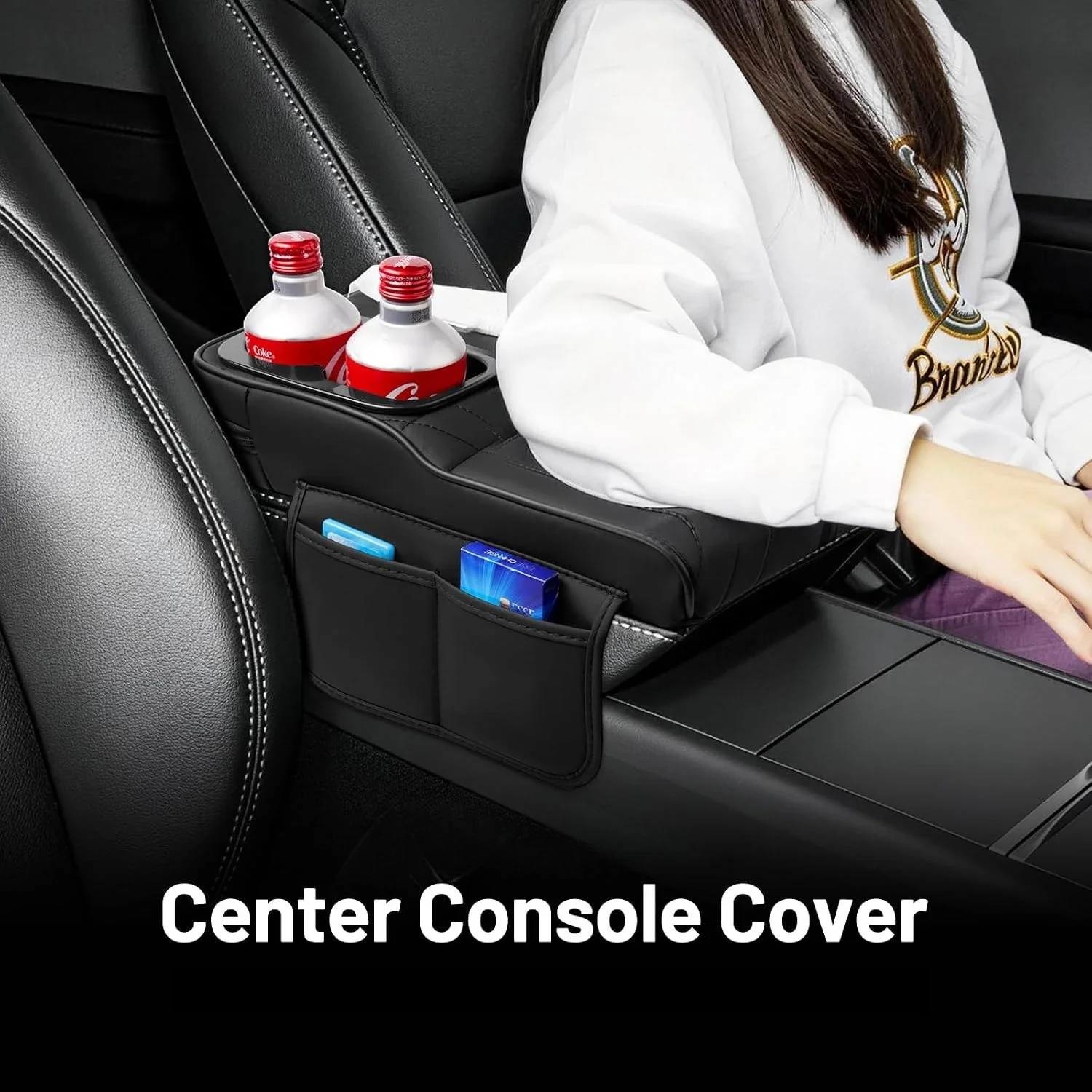 4-in-1 Car Armrest Cushion Multi-Purpose Leather Storage Center Console Cover with Tissue Holder, Cup Slot and Side Pockets