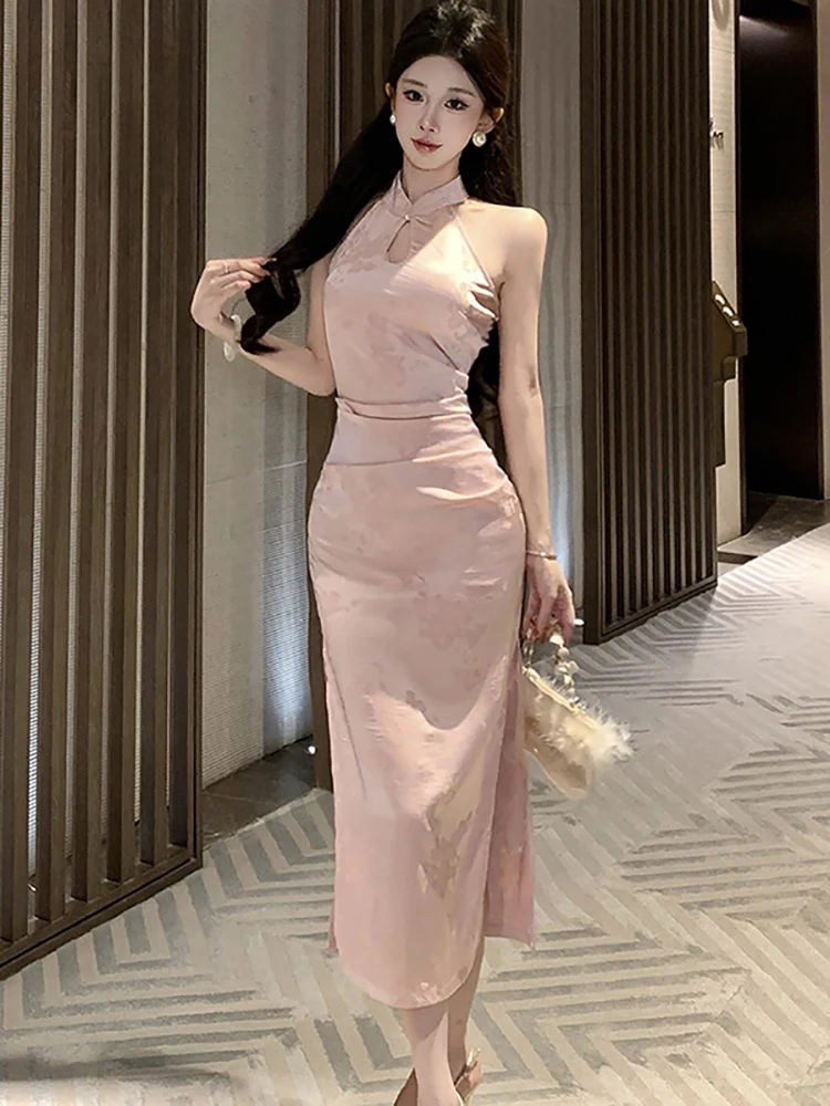 

Women Pink Satin Jacquard Neck-mounted Sexy Long Dress 2026 Korean Vintage Luxury Evening Dress Spring Summer Elegant Prom Dress