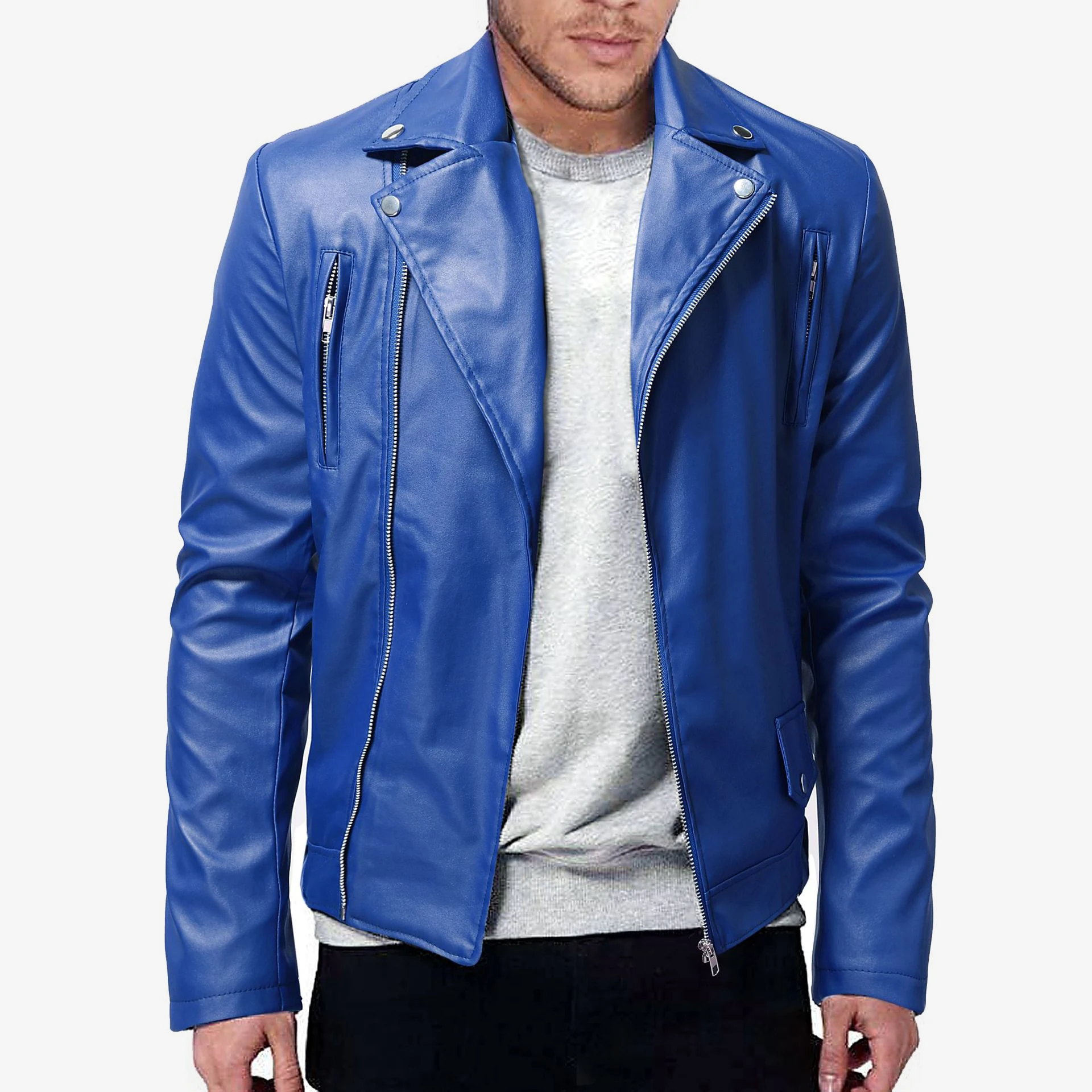

Men PU Leather Jacket Solid Color Casual Slim-Fit Zipper Long Sleeve Turn-Down Collar Motorcycle Jacket Coat Men Clothing