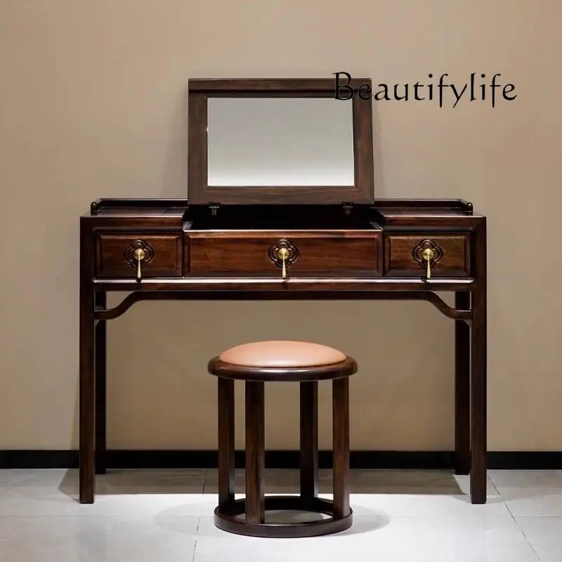 

New Chinese-style bedroom ebony dresser makeup stool modern mirror simple storage solid wood makeup table