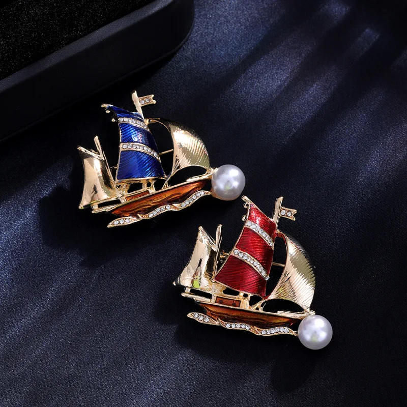 Vintage Enamel Blue Sailboat Brooches Caribbean Pirate Ship Lapel Pin For Men Women Clothing Luxury Accessories Jewelry