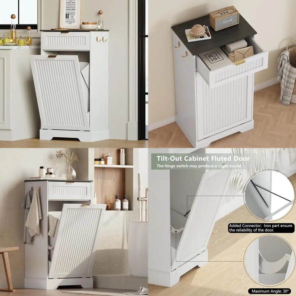 

White Wooden Hidden Trash Cabinet with Drawers, Laundry Hamper, Hooks for Kitchen or Living Room