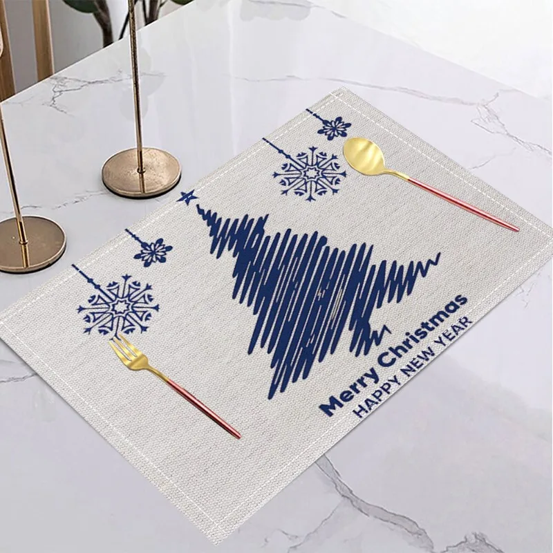 Weihnachts-Tischset aus Leinen, Tisch- und Kaffeematte, Marineblau, Rentier, abstrakter Baum, Schneeflocke, fröhlich kariert, dekorativ, Esszimmer, Urlaub