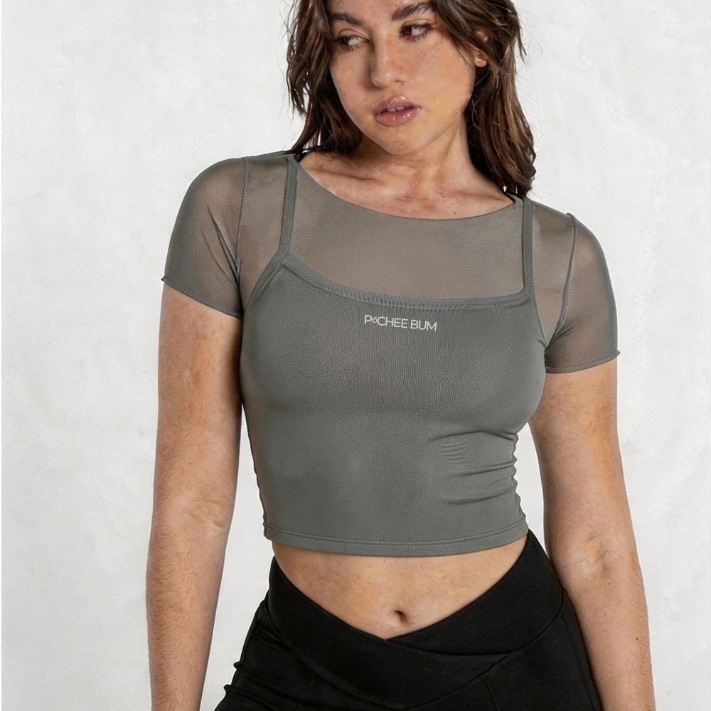 Bum Mesh Sport Crop T-Shirts Women's Stitched Mock Two-Piece Short Sleeves Yoga T-shirt Breathable Tees with Built-in Chest Pad