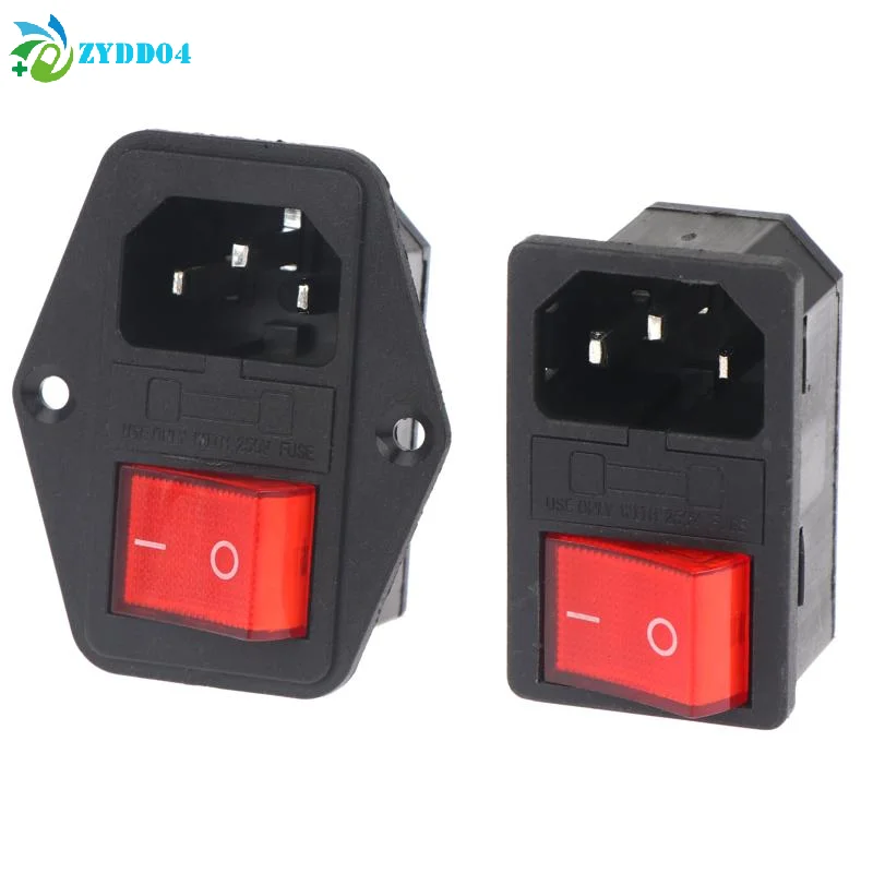 IEC320 C14 Electrical AC Socket 3 Pin Red LED 250V Rocker Switch 10A Fuse Female Male Inlet Plug Connector Embedded Socket Mount