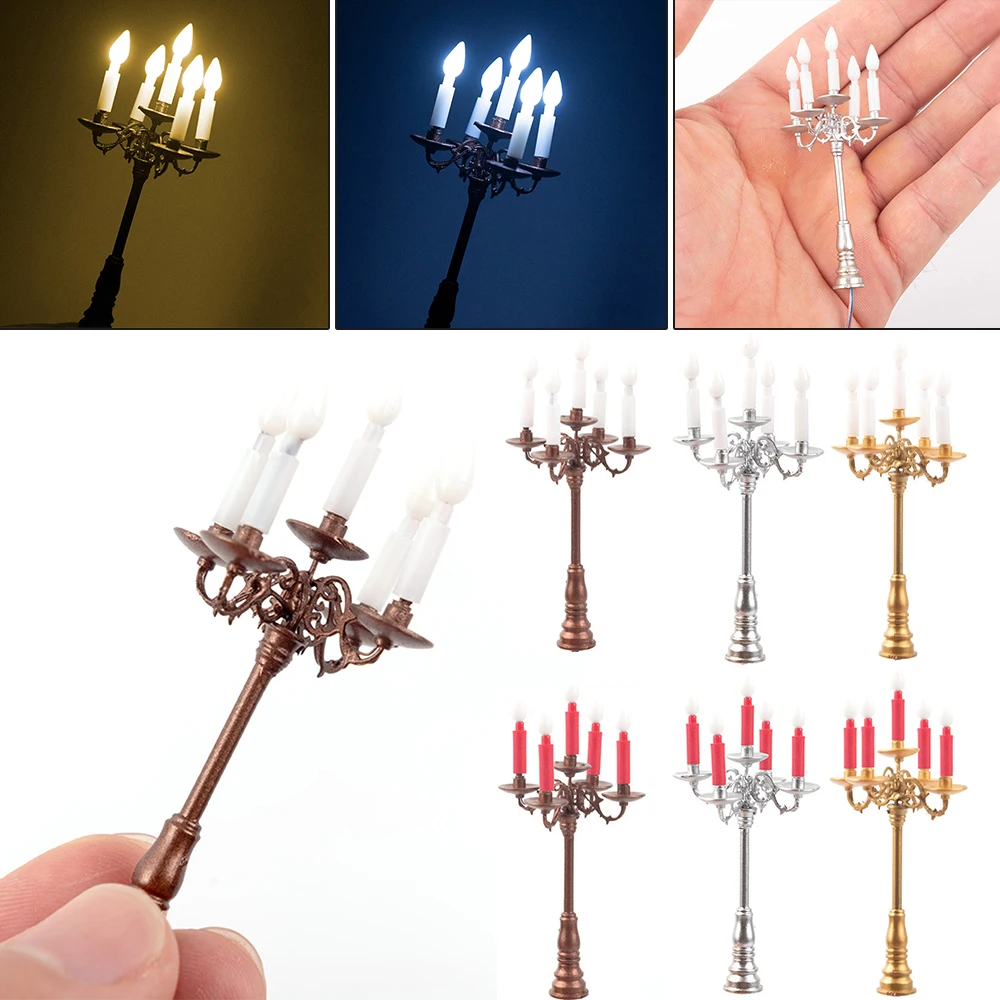 5Pcs 1:87 Scale Miniature Candlesticks Dollhouse Miniature Electric Light Lamp Candelabra Doll House Decoration Accessories