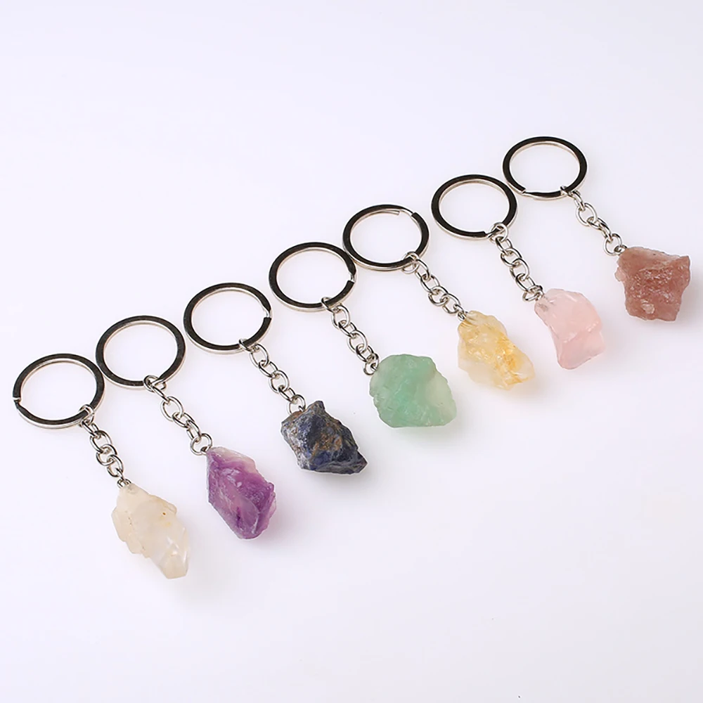 Natural Healing Crystal Irregular Rough Stone Key Chain Amethyst Rose Quartz Dangle Car Clasps Chains DIY Key Rings Jewelry Gift