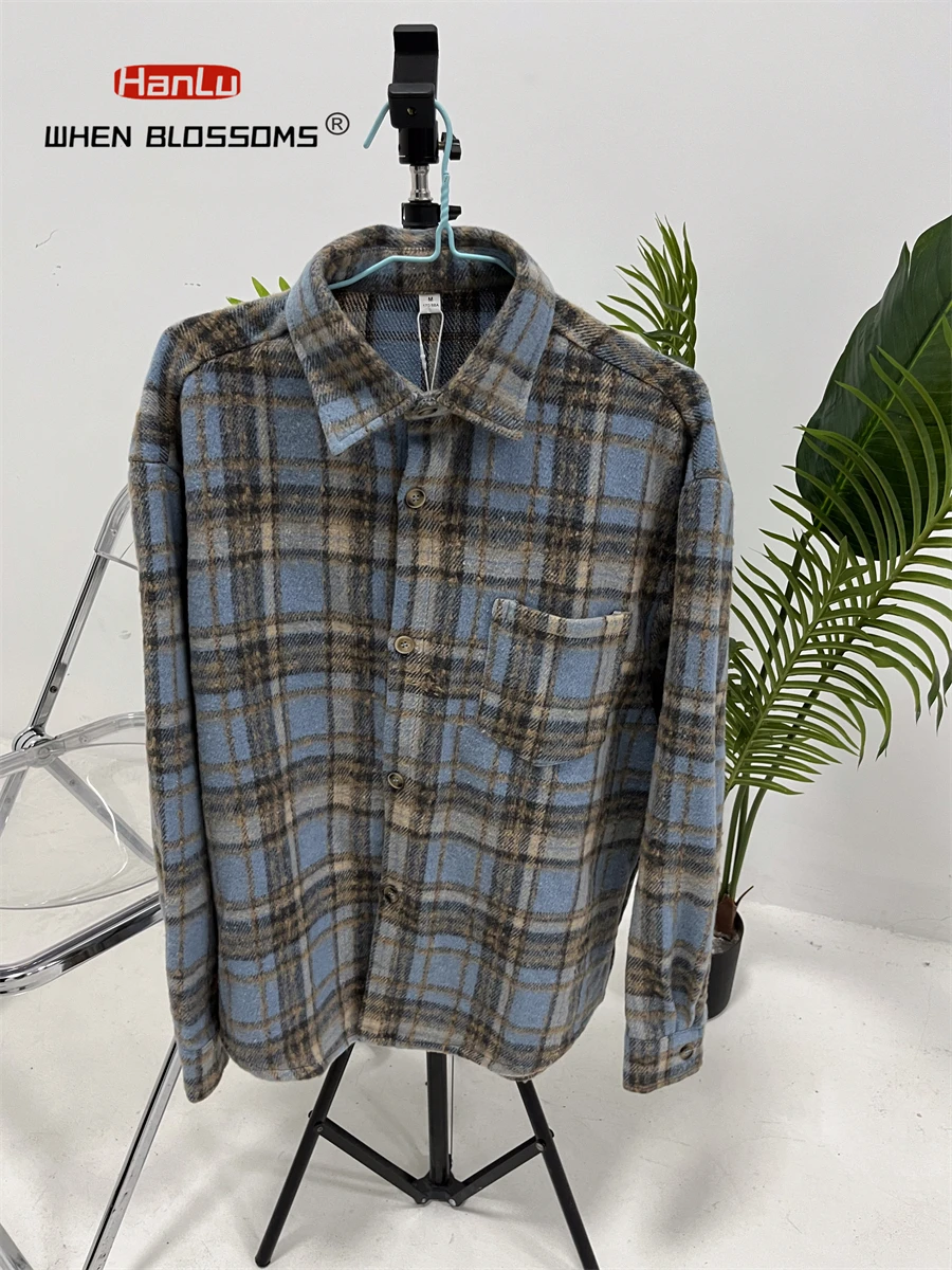 Japanese style retro plaid long sleeved shirt for men autumn new item lapel pocket shirt texture loose couple Coats for women