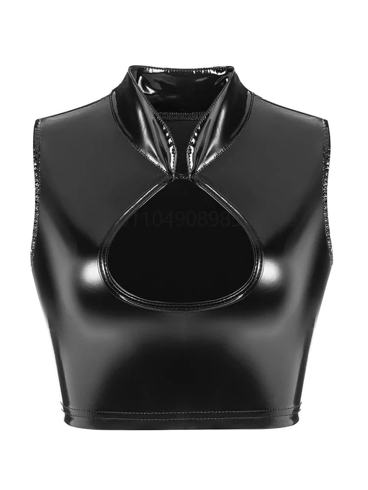 

Stand Collar Hollow Out Wet Look PVC Tank Vest Shiny PU Leather Bustier Crop Top Tights Sexy Croptop Cosplay Cropped