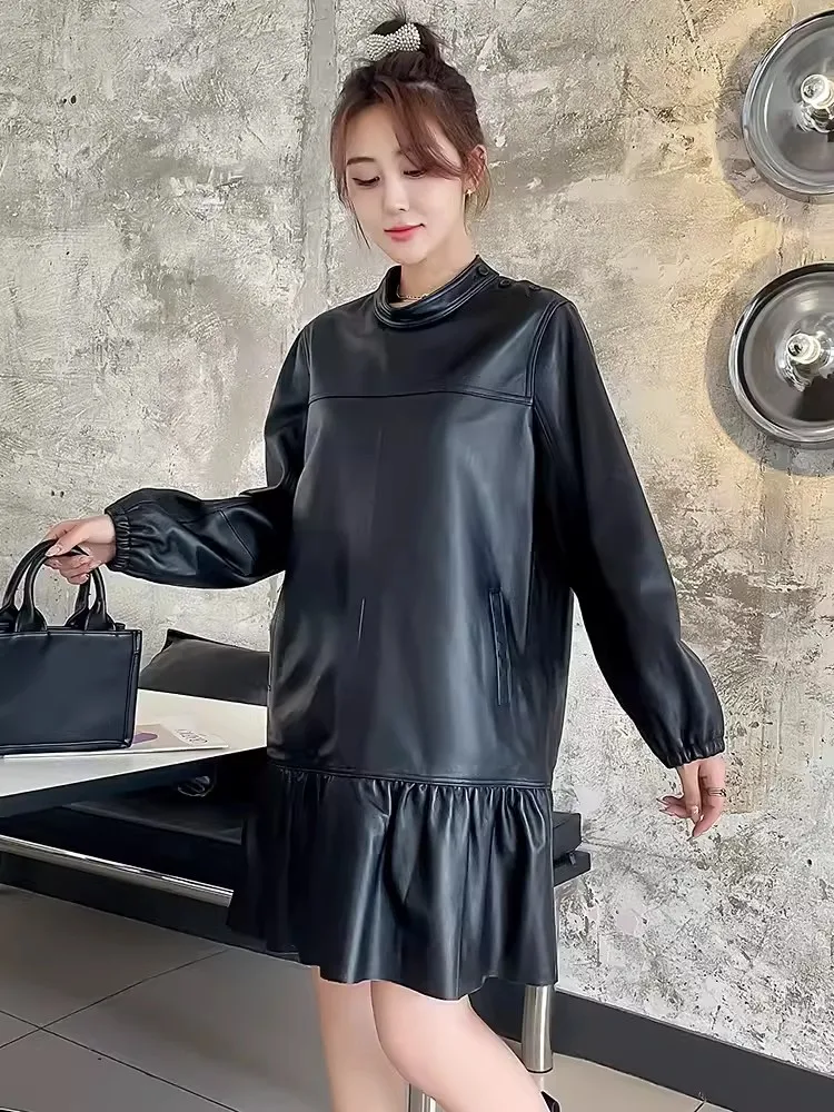 Women Spring New Stand Collar Ruffles Mid Length Loose Fit Sheepskin Genuine Leather Dress Vintage Ladies Casual Straight Dress