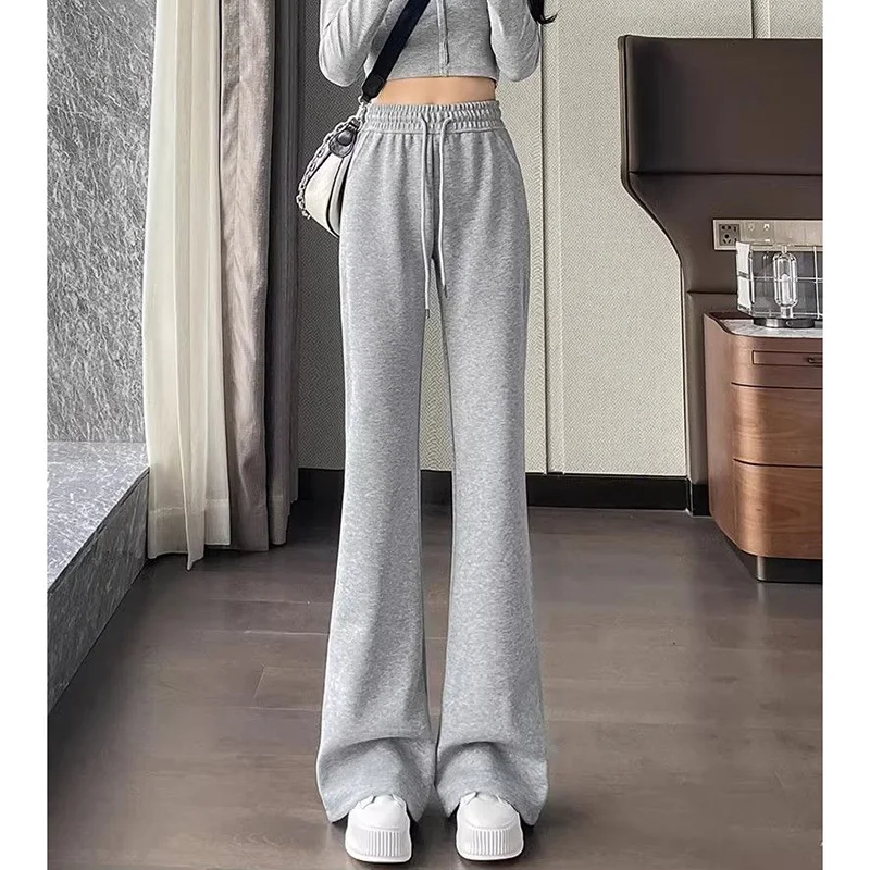 Solid Color Girls High Waist Thin Sweatpants Women Slim Fit Straight Leg Trousers Lady Korean Classic Flared Pants