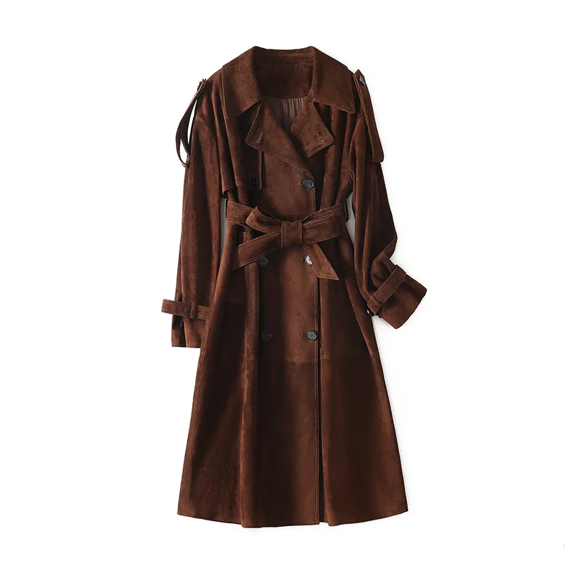Real Suede Jacket Winter Female Elegant British Style Brown/Grey Sheepskin Double-Breasted Belt Slim Long Casual Leather Coat