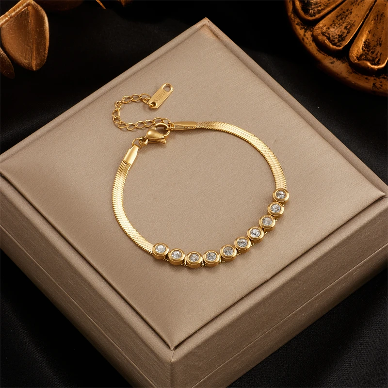 DIEYURO 316L Stainless Steel Green White Crystal Bracelets For Women Vintage Gold Color Chain Bracelet Girls Jewelry Gifts