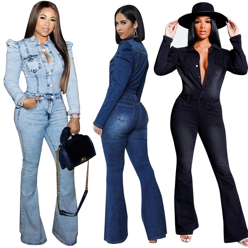 Ladies Denim Jumpsuit 2022 Spring and Autumn High Quality Elastic Flared Mouth Washed plus size Denim Jumpsuit