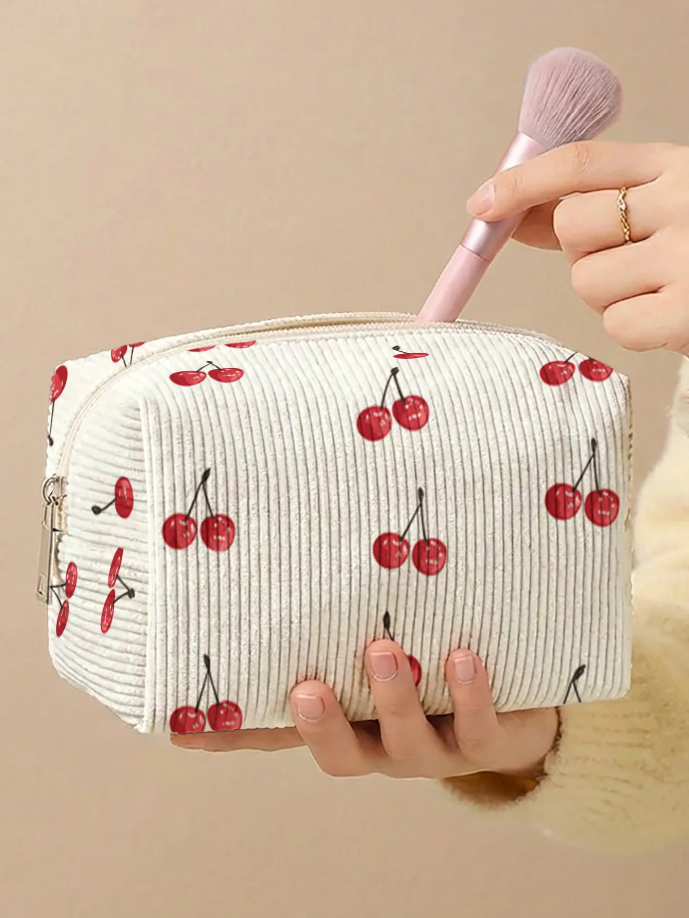 Cherry Print Corduroy Cosmetic Bag, Zipper Storage Pouch For Makeup, Toiletries And Daily Small Items