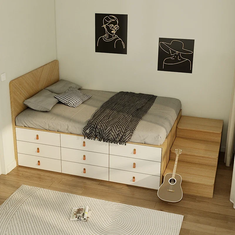 Small apartment high box bed drawer storage bed tatami with foot steps semi-high single bed space-saving customization