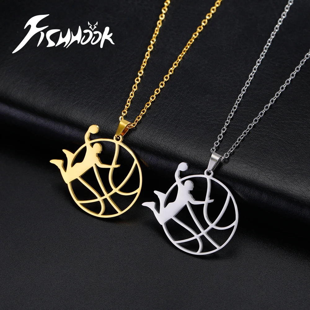 Fishhook Slam Dunk Basketball Necklace Gift for Woman Men Heart Sports Chain Kid Child Boy Gold Color Stainless Steel Jewelry