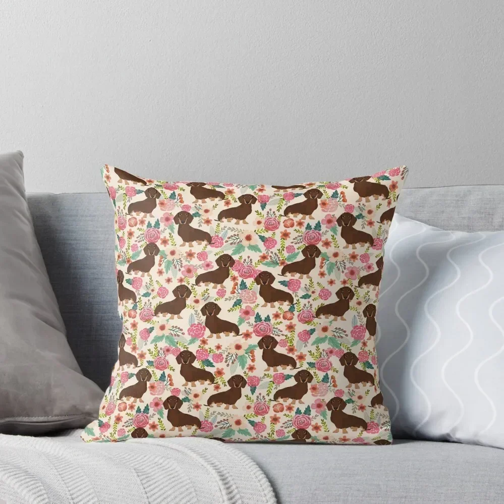 

Doxie Florals - vintage doxie and florals gift gifts for dog lovers, dachshund decor, chocolate and tan doxie Throw Pillow