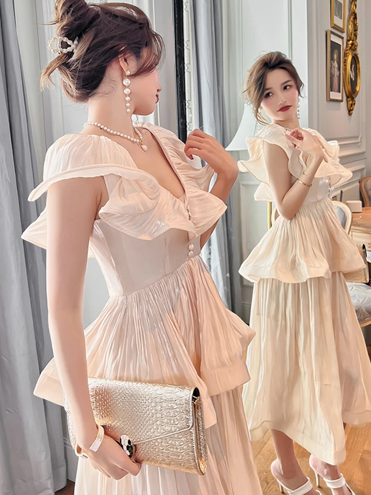 2023 Summer Dresses for Women Elegant Satin Butterfly Sleeve High Waist Ruffles A-line Maxi Robe Feminine Party Birthday Vestido