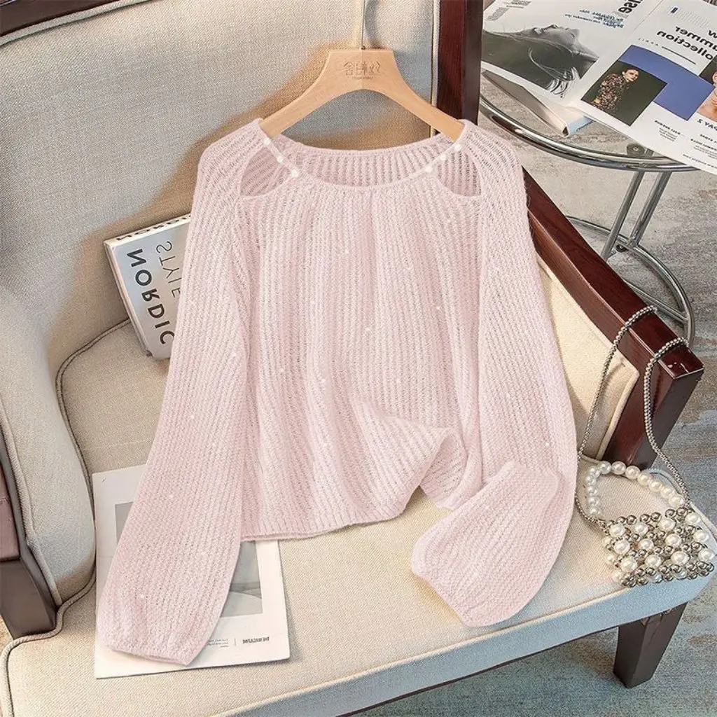 

Women's Beaded Long-Sleeved Crewneck Sweater Elegant Pullover Thin Hollow Solid Color Top for Spring New