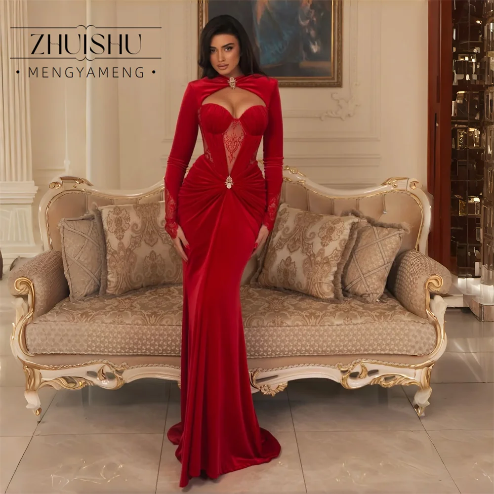 ZHUISHU Elegant Red Lace Mermaid Evening Dresses Long Sleeves Sweetheart Pleat Evening Party Dress Customized Vestido De Festa