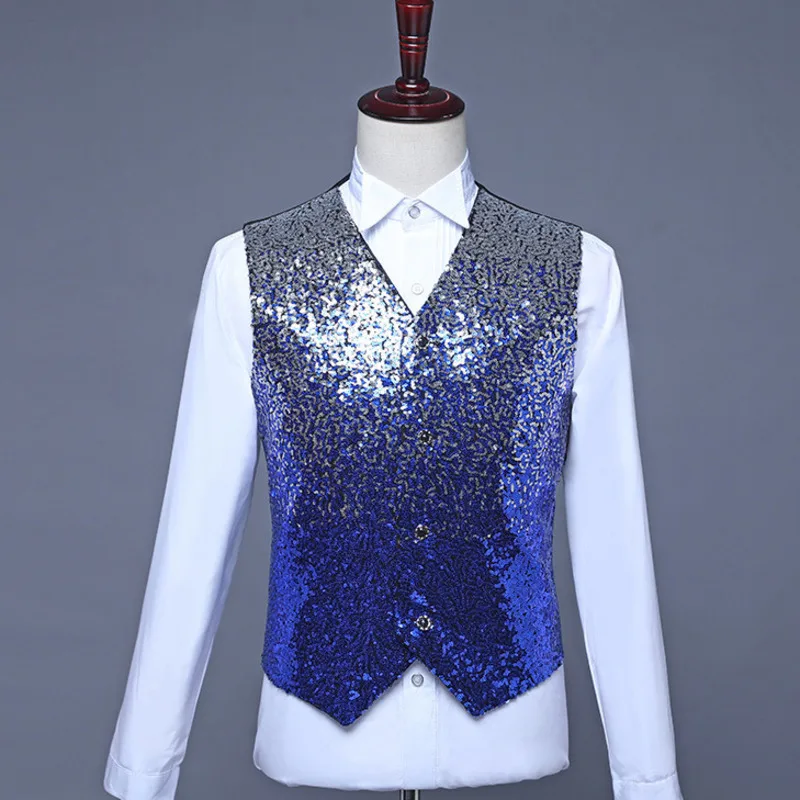 #4820 Gradient Color Sequins Vests Men Shinny Vests Male Dance Stage Singer Vests For Men Slim Men\'s Vest Sleeveless Vest Male