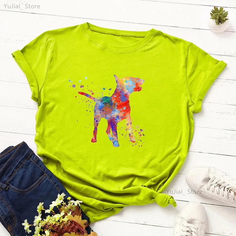 

Watercolor Bull Terrier Animal Printed T Shirt Girls Kawaii Dog Tshirt Women White/Pink/Green/Gray/Yellow T-Shirt Female Tops