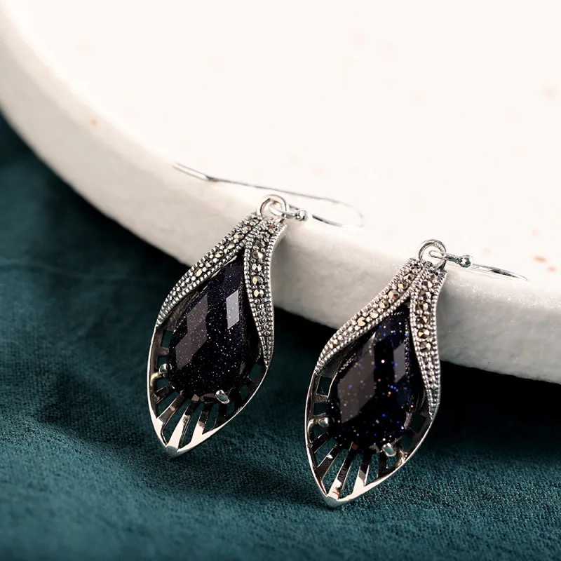 BOCAI New S925 Sterling Silver Jewelry Vintage Fashion Inlaid With Blue Sandstone Geometric Earrings Women's Selected Gift