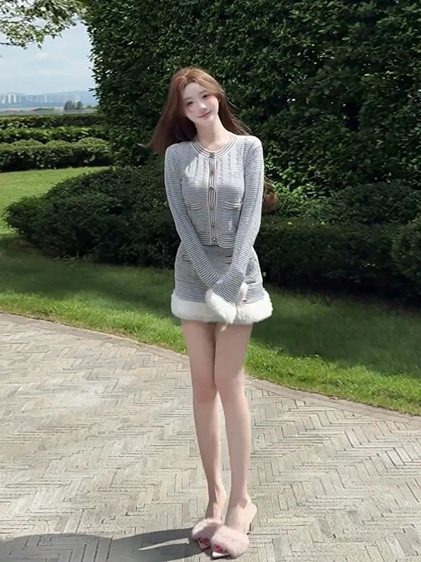 

Autumn Winter Slim Fit Knitted Dress And Skirt Set with Stripe Splicing Soft Feel Base Layer Top And Wrap around Skirt