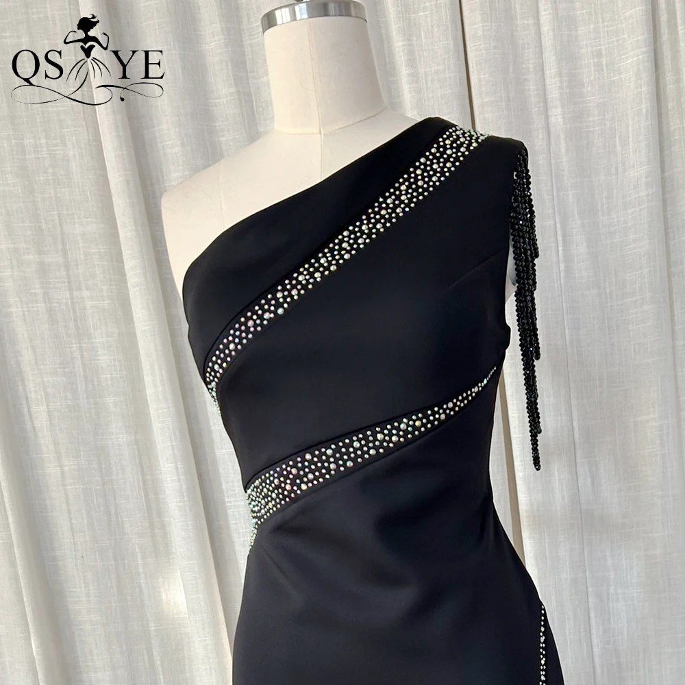 Beading Strings One Shoulder Black Evening Dresses Hot Drill Mermaid Long Party Dress Sequin Fitted Woman Formal Prom Gown Chic