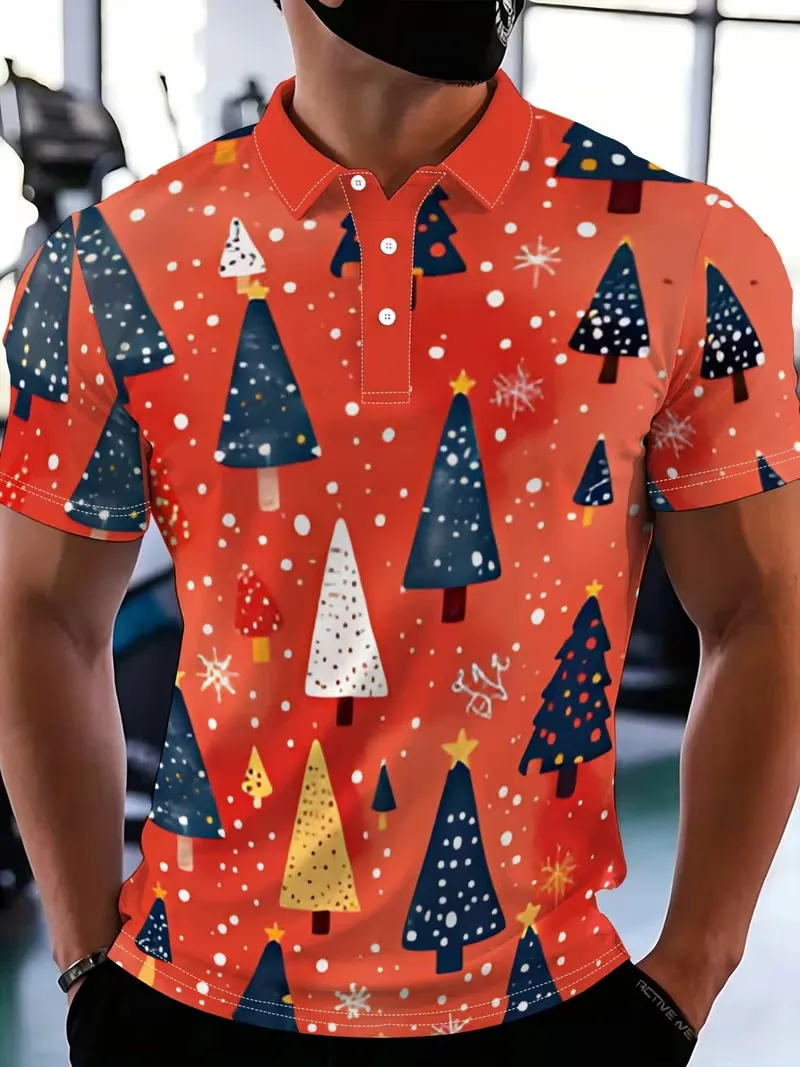 Xmas Men Polo Shirt Santa Climbing Ladder Decor Tree Snowflake Print Short Sleeve Tee shirt Holiday Party Casual polo Tops