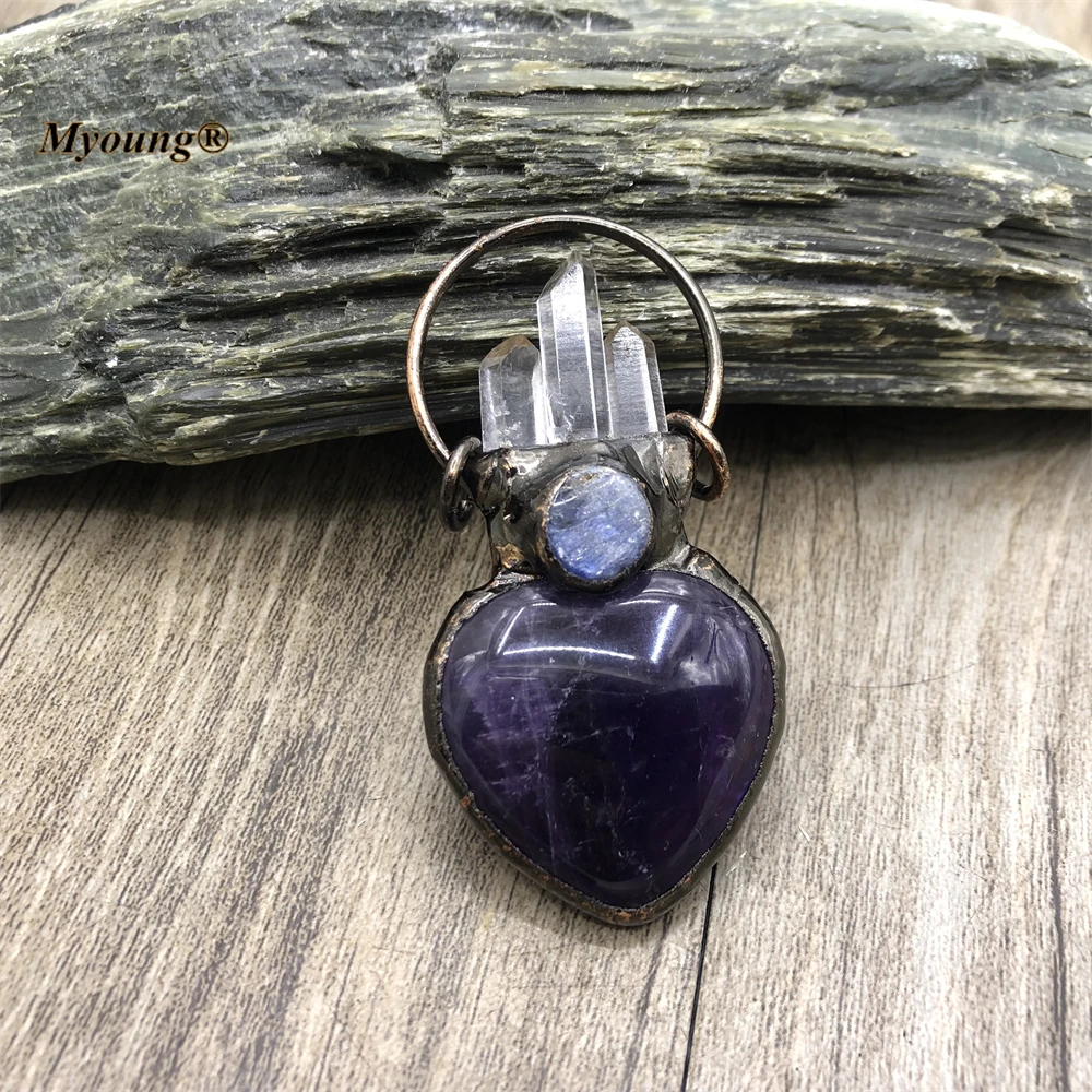 5PCS Bronze Plated Large Heart Shape Natural Amethysts Crystal Vintage Necklace Pendant Moon Stars Stone Bohemia Jewelry