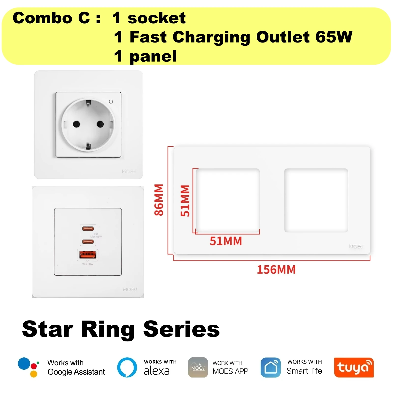 MOES Zigbee Tuya Smart EU Wandcontactdoos 30W/65W Snelladen Wandstopcontact PD3.0 Elektrische Lader GaN Stekker 3 Poorten Type-C USB