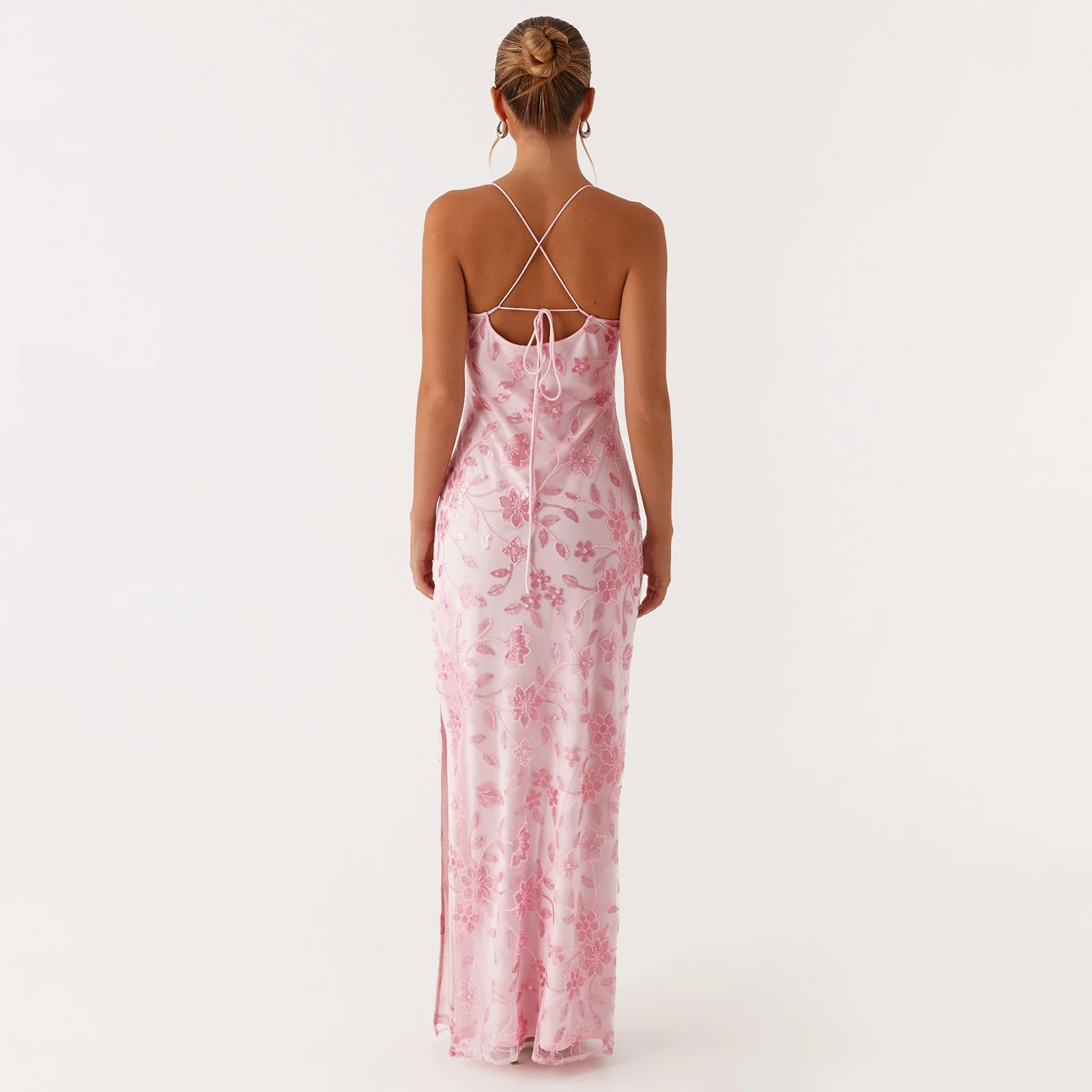 Women Summer Glitter Sequin Beaded Flower Cami Dress Slim High Split Spaghetti Strap Open Back Long Dresses for Party Club