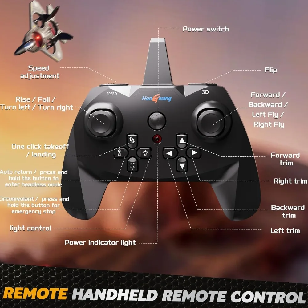 Vliegtuigdrone met afstandsbediening voor kinderen, vanaf 8 jaar, jet met LED-verlichting, 360° °   Luchtfototrucs, automatische waaier, headless-modusregeling