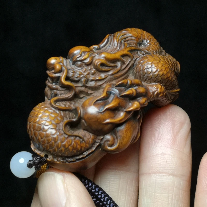 

YIZHU CULTUER ART Size 2.4 Inch Old Chinese Hand carved Boxwood Dragon loong Statue Netsuke Decoration Gift Collectable