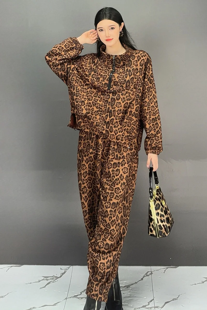 2024 Autumn New Trendy Leopard Pattern Set Long Sleeve Jacket Casual Half Open Collar Loose Printed Pants Two Piece Set J465