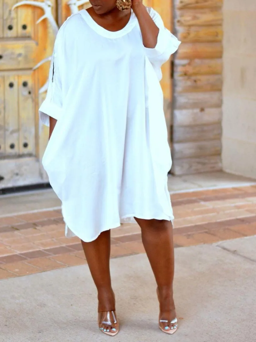 LW Plus Size Cold Shoulder Asymmetrical Split Hem Dress Oversized Drop Shoulder Streetwears Summer Women Clothings