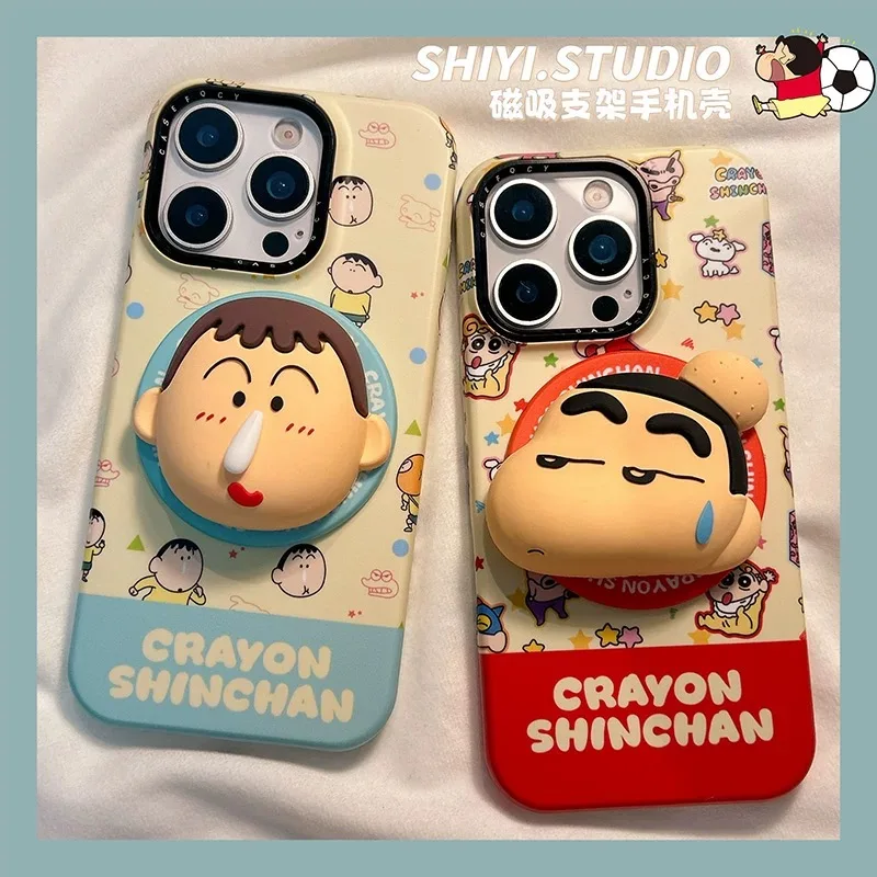 

Cute Cartoon Crayon Shin-chan snot Boochan Magnetic Holder Magsafe Wireless Charge Case For iPhone 13 14 15 16 17 Pro Max Cover