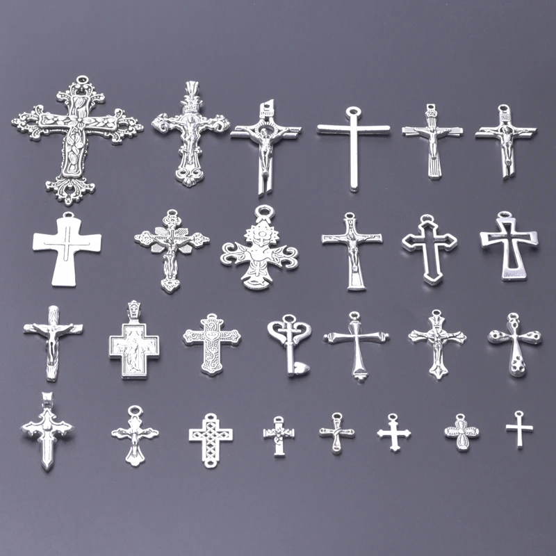 6pcs Religious Metal Retro Silver Color Cross Pendant Charms For Jewelry Making Bulk Christ Jesus Pendants DIY Necklace Earrings