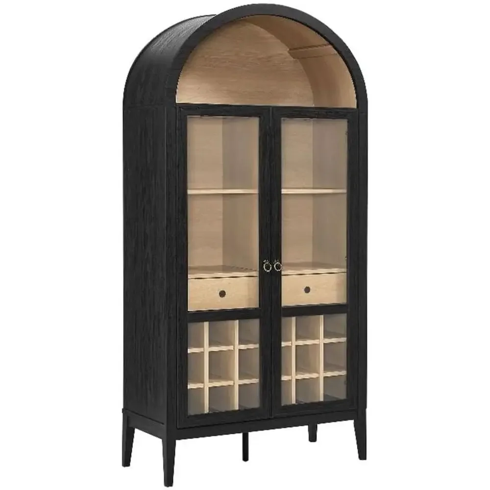 

Nolan ern armhouse Arched Bar Cabinet in Black Wood Grain - 72 Inch Tall Wine Storage Cabinet with Glass Doand Wine Rack - Large