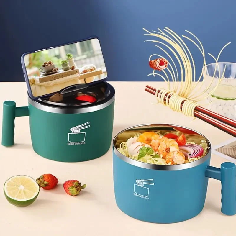Cuenco de acero inoxidable con tapa para fideos instantáneos, cuenco de drenaje sellado y portátil para utensilios de cocina, socio de fideos instantáneos