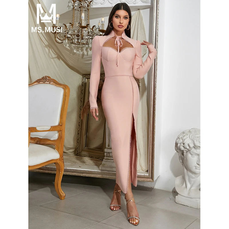 

MSMUSI 2024 New Fashion Women Sexy Lace Up Hollow Out Lace Long Sleeve Bandage Bodycon Party Club Event Slit Maxi Dress Gown