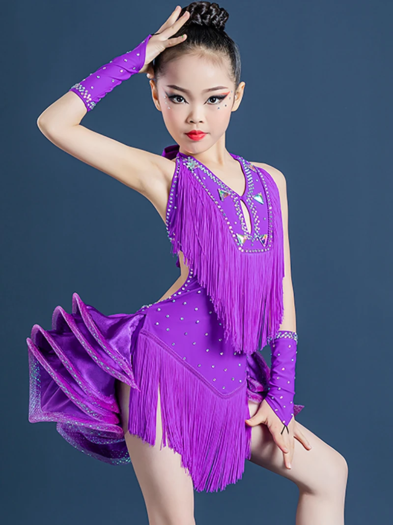 

Latin Dance Performance Dress Kids Girls Diamond Tassels Cowboy Samba Bullfighting Chacha Rumba Professional Competition Costume